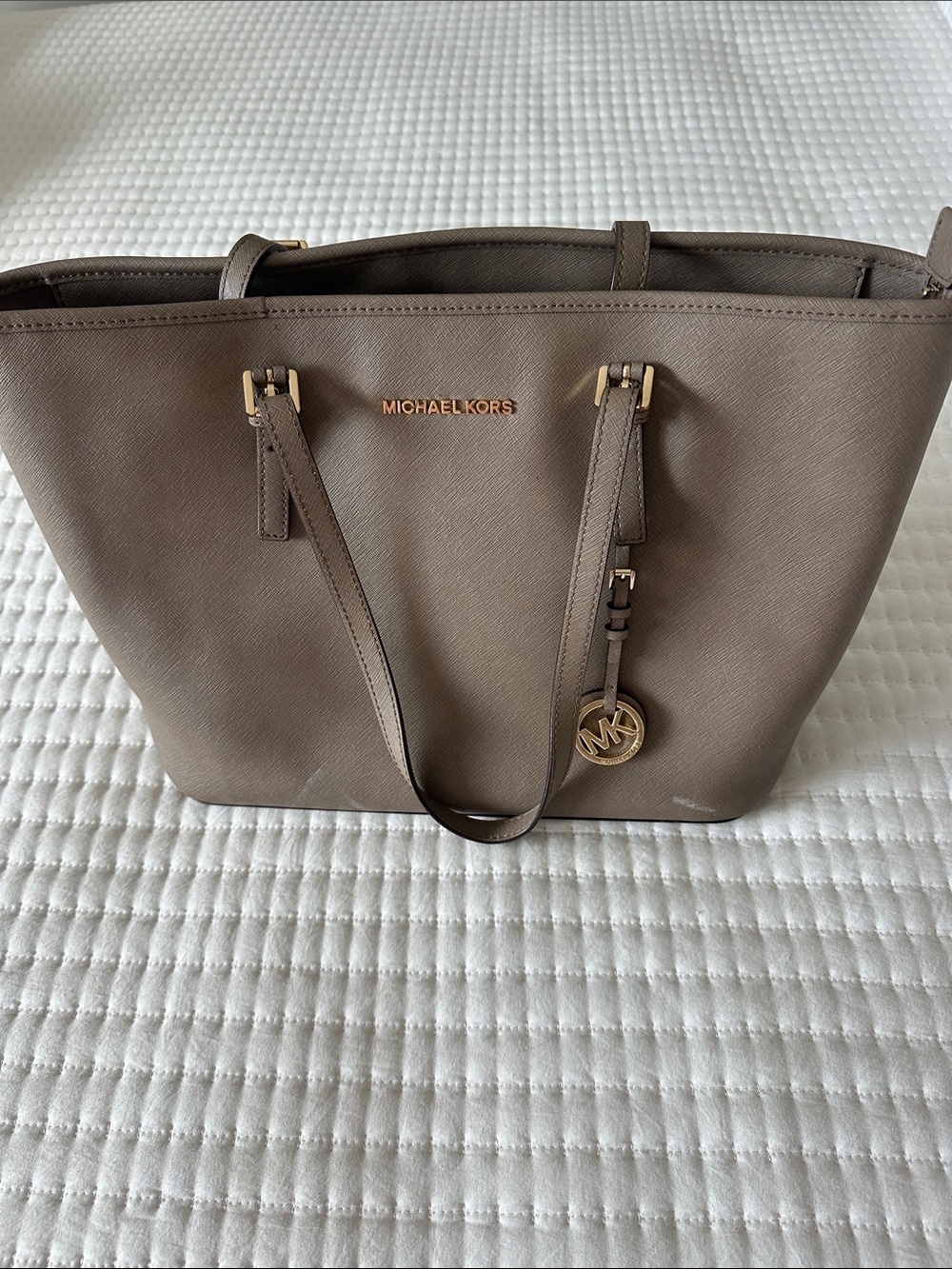 Michael Kors Taupe Saffiano Leather Tote with Gold Hardware